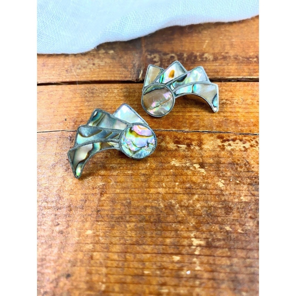 Vintage Sterling Funky Inlay Abalone Shell Mexican Screw Back Earrings